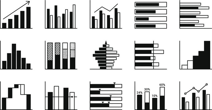 Group of diverse bar chart icons with upward arrows