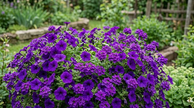 Dense cluster of vibrant purple blossoms blooming in a lush garden display under soft natural daylight  flower blossom bloom purple violet cluster garden plant nature flora floral botany