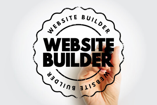 Website Builder stamp with hand writing marker, circular emblem reflecting site creation, development tools and digital construction concept in a simple layout