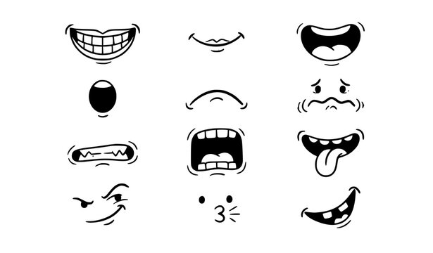 Cute Cartoon Mouth Expression Doodle Set with Happy Sad Angry Smiling and Funny Faces Vector Illustration