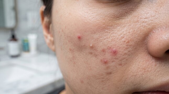 Human skin with acne and spots closeup