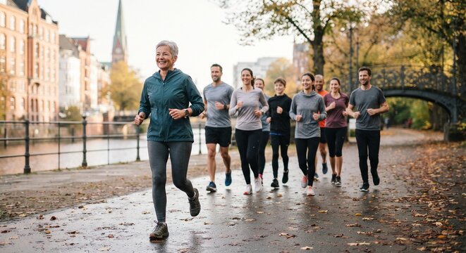 Group of diverse people running together on a paved path in an autumn park with historic buildings.