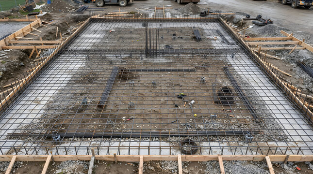 Reinforced steel rebar grid laid inside wooden formwork for a concrete foundation slab on a construction site