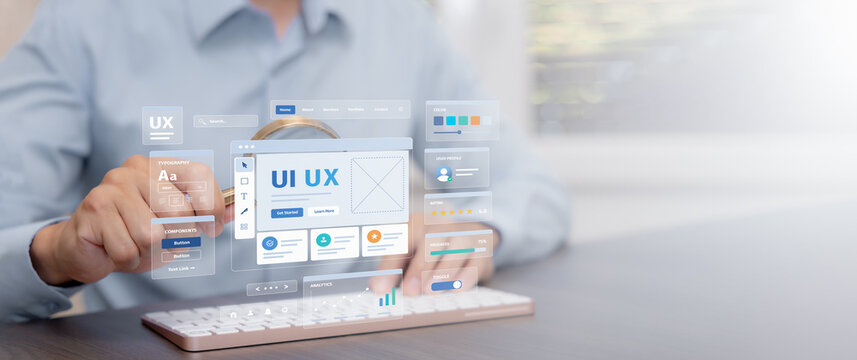 UI UX design system with website prototype, typography, color palette, interface components and analytics for digital product design, usability and web development.
