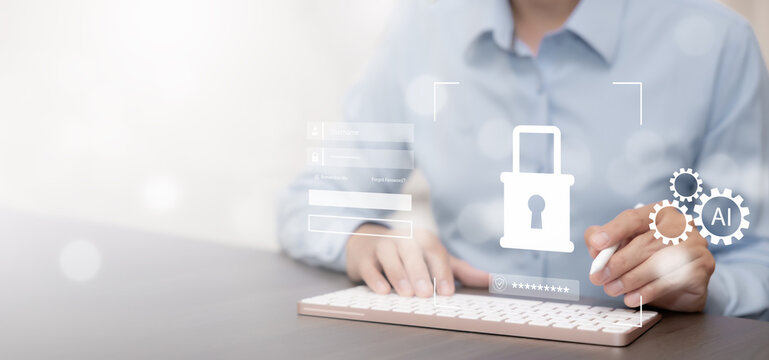 AI powered identity and access management concept with secure login, password authentication and access protection for enterprise cybersecurity and account security.
