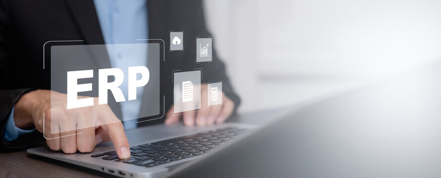 ERP enterprise resource planning concept for integrated finance, accounting, operations, analytics and cloud business management with digital workflow and automation.
