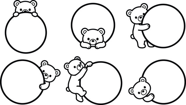 Cute koala bear characters peeking around blank circular frames in black and white line art vector set