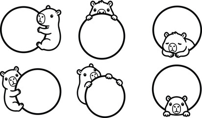 Cute black and white bear cubs peeking around blank circular frames in vector line art © Royal Ability