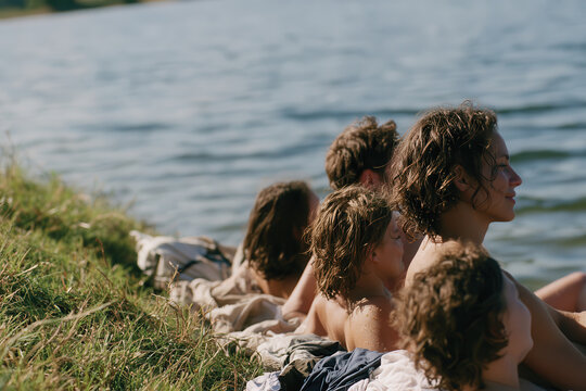 A group of friends relaxes by the water's edge, embodying camaraderie and joy while connecting deeply with nature and each other in a picturesque setting.