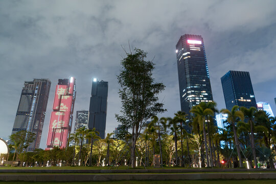 Night view of park and skyline in Qianhai Shenzhen