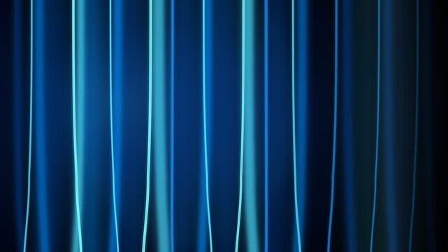 Abstract blue curtain texture featuring soft vertical folds illuminated by thin, glowing light stripes creating a modern, sleek, and minimalist gradient effect.