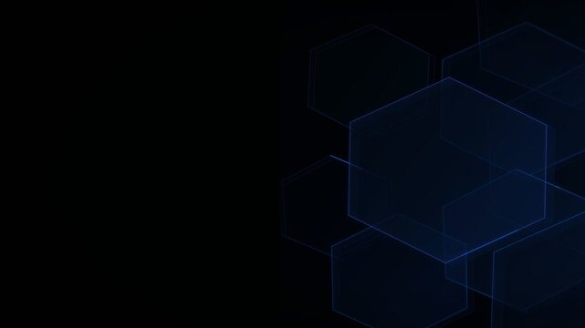 Abstract geometric pattern of translucent blue glowing hexagons overlapping against a dark black gradient .