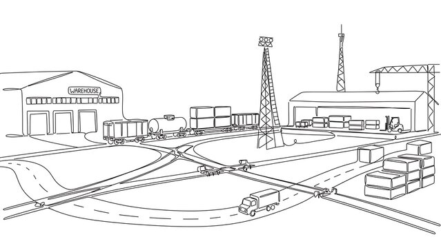 Industrial train yard illustration white background.