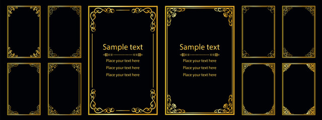 Naklejka premium Luxury Gold Vintage Frames Set on Black Background, Golden Rectangular Ornamental Borders, Filigree Dividers and Corners Vector for Certificate and Invitation Design