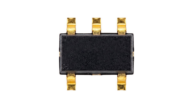 Small black electronic surface-mount device on transparent background with six golden pins, a crucial semiconductor component for modern circuit boards and advanced technology integration