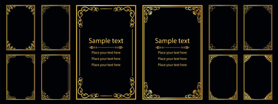 Luxury Gold Vintage Frames Set on Black Background, Golden Rectangular Ornamental Borders, Filigree Dividers and Corners Vector for Certificate and Invitation Design