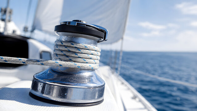Chrome sailing winch wrapped with line sits on a yacht deck against an open-sea horizon during competitive racing.
