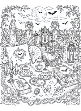 Romantic gothic picnic coloring page with lace blanket, tea cups, candles, old books, roses, bats and moonlit garden