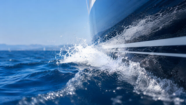Blue racing yacht cuts through the sea with a burst of bow spray during high-performance regatta sailing.