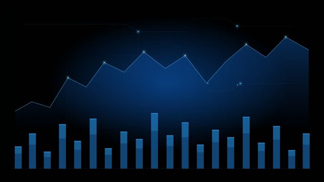 A dark blue financial chart overlay featuring a line graph with data points and a bar graph below, illustrating market analysis, growth, and trends.