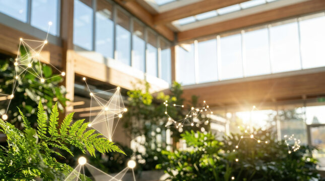 Lush fern and indoor garden glow beneath sunlit glass roof, blending natural beauty with constellation language and llm atmosphere