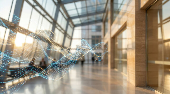 Modern lobby with luminous data wave and golden sunlight expressing language, constellation and llm in open architectural setting