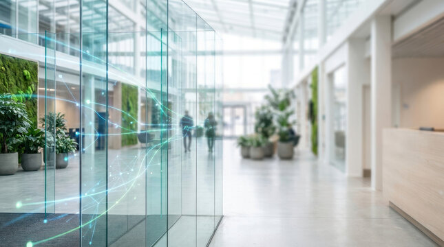 Language constellation llm illuminate glass corridor with greenery and blurred human silhouette, presenting futuristic connected workplace interior