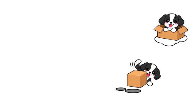 Black and white educational motion graphic showing cute dogs interacting with boxes in different spatial positions. Created to help young learners understand prepositions, position words