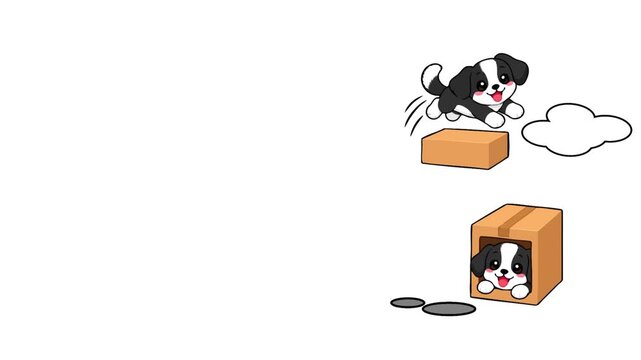 Child-friendly educational motion graphic featuring cute dogs positioned around and inside boxes to illustrate spatial relationships. Ideal for teaching basic English prepositions, vocabulary