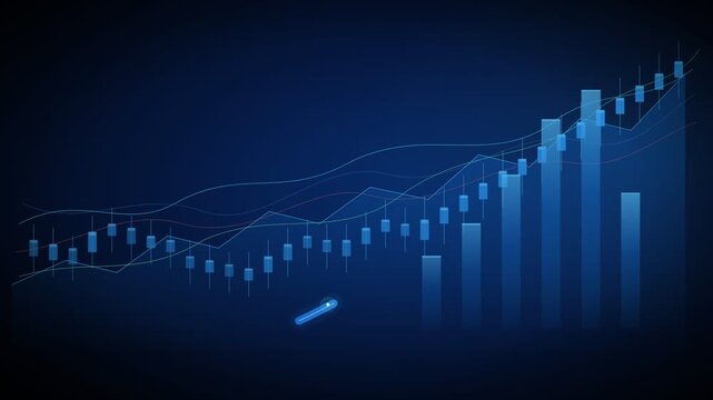 A digital financial chart featuring rising blue candlestick patterns on a dark blue gradient , overlaid with fluctuating line graphs.