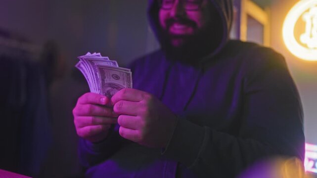 Man counts and fans dollar bills with visible hands and beard, wearing hoodie in a neon purple streaming studio; playful wealth.