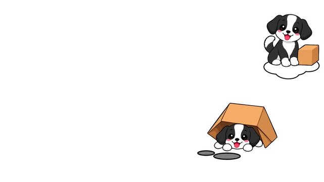 Educational motion graphic featuring cute dogs placed in different positions around boxes and surfaces to demonstrate basic spatial prepositions. Designed for preschool English learning, classroom