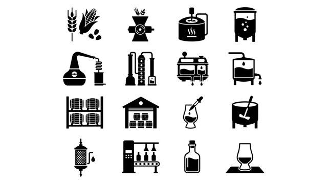 Whiskey Distillery Icons Set Alcohol Production Process Equipment and Ingredients