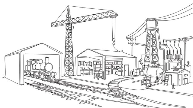 Industrial train yard illustration white background.