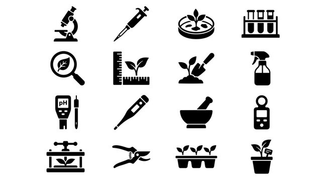 Collection of science and gardening icons representing plant research and cultivation