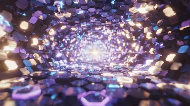 Abstract tunnel with blue glowing hexagonal tiles and light reflection