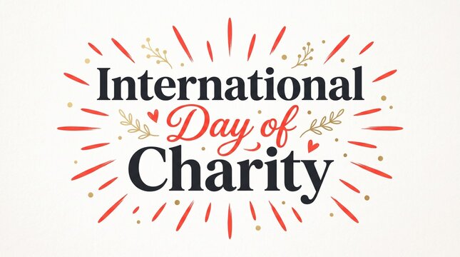 International Day of Charity typography, elegant non-profit celebration banner, philanthropic event graphic with red sunburst and hearts