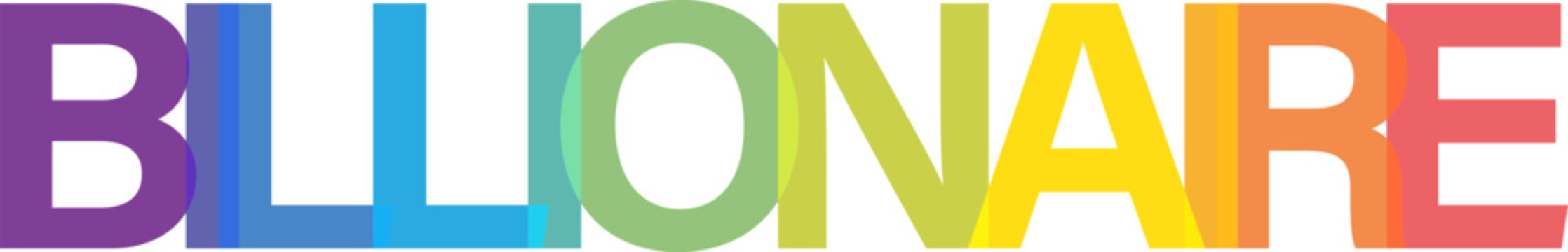 Colorful graphic design element featuring the word billionaire written in vibrant overlapping bold sans serif letters