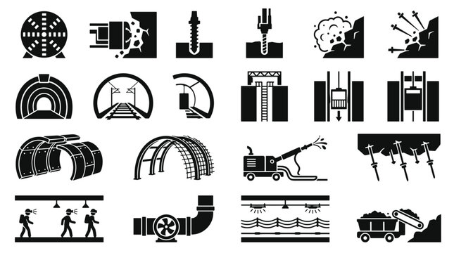 Mining and Tunnel Construction Icons Set