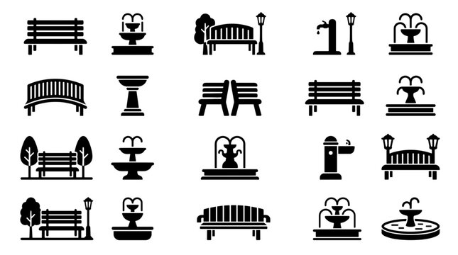Collection of park benches and fountains icons in black and white