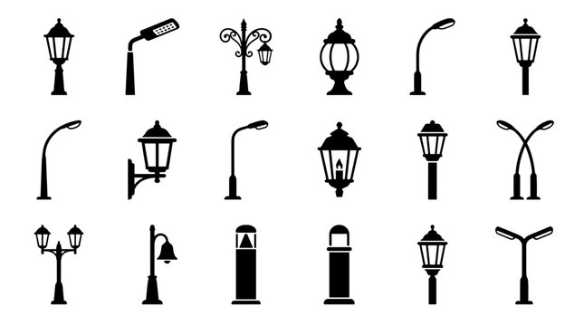 Collection of various street lamp and lamppost icons and silhouettes