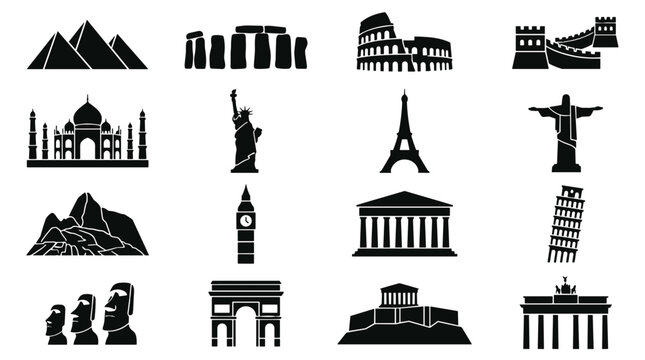 Collection of famous world landmarks and monuments in silhouette style