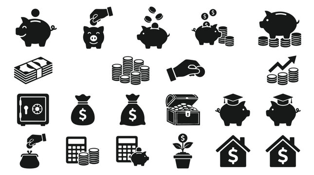 Financial Icons Set Piggy Bank Money Safe Calculator House Plant and Coins