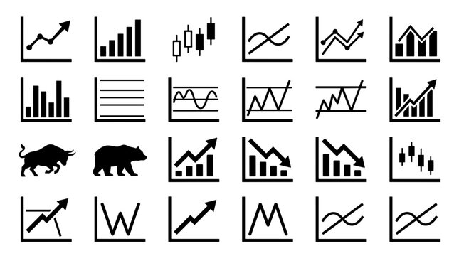 Collection of financial market charts and trading symbols including bull and bear icons