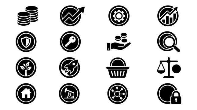 Collection of Business and Finance Icons Representing Growth and Security