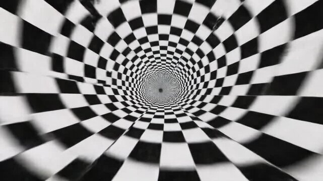 Abstract tunnel with moving checkered pattern creating optical illusion