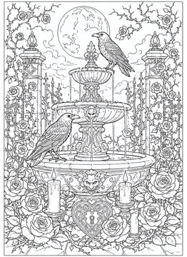 Eerie romantic gothic garden fountain coloring page with ravens, roses, candles, thorny vines and moon