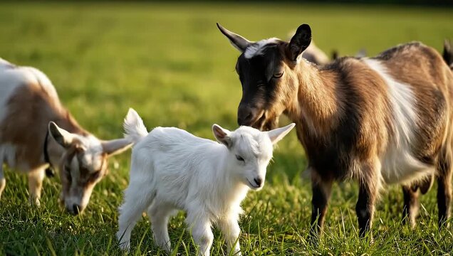 Young goats grazing in sunny green meadow.