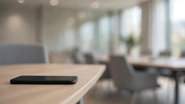 Sleek smartphone resting on a light wooden table in a contemporary office setting with blurred background