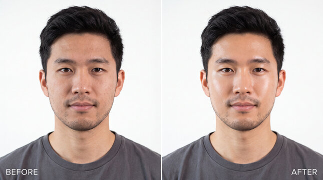 Asian man before and after skincare showing clear smooth glowing skin healthy complexion youthful appearance and improved texture neutral background casual clothing